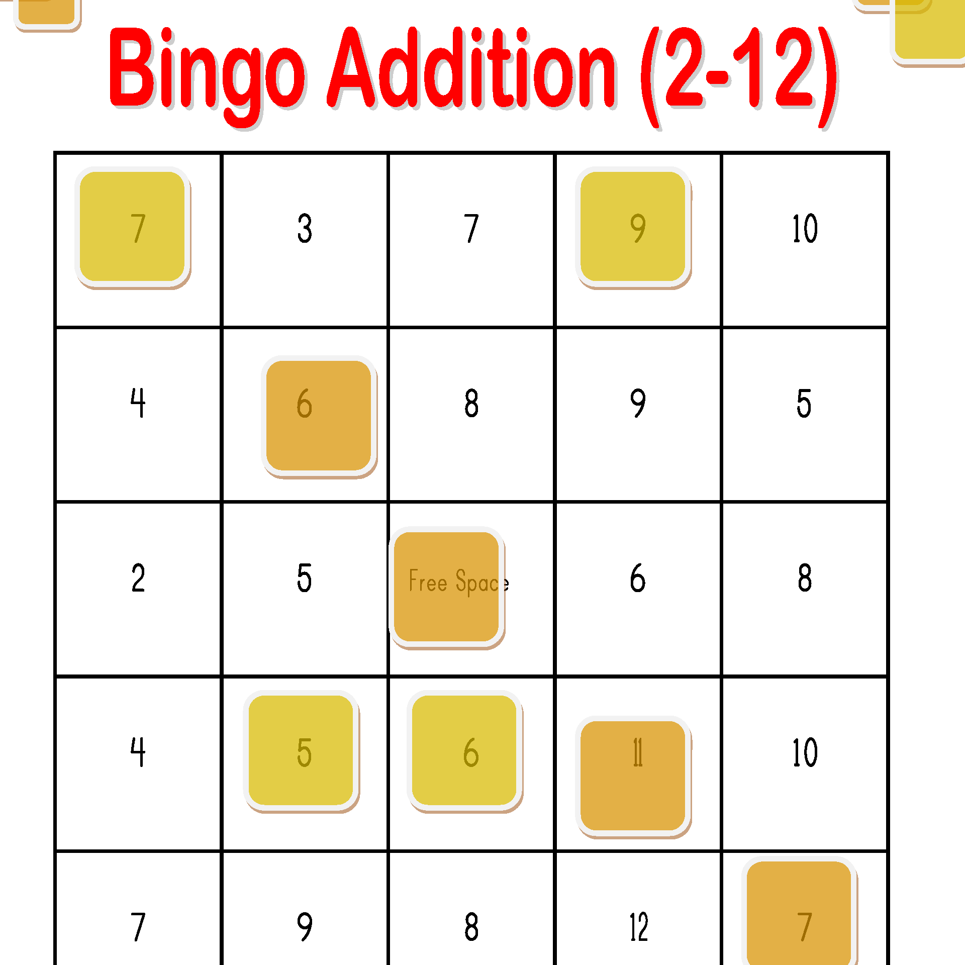 Addition Bingo Printable Printable World Holiday
