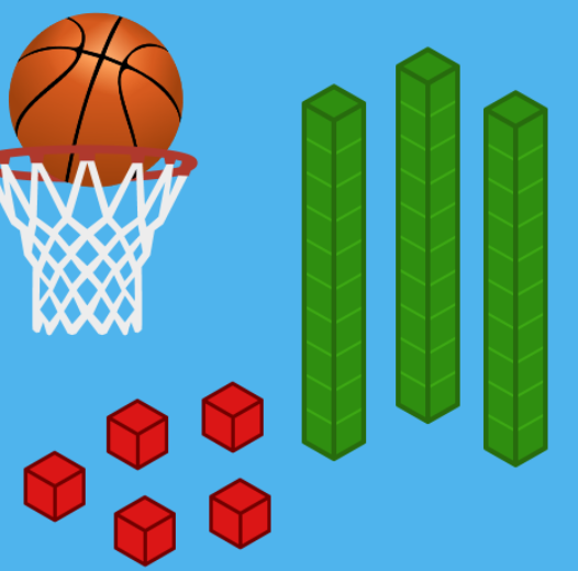 basketball and hoop with 5 red blocks and 3 stacks of green blocks